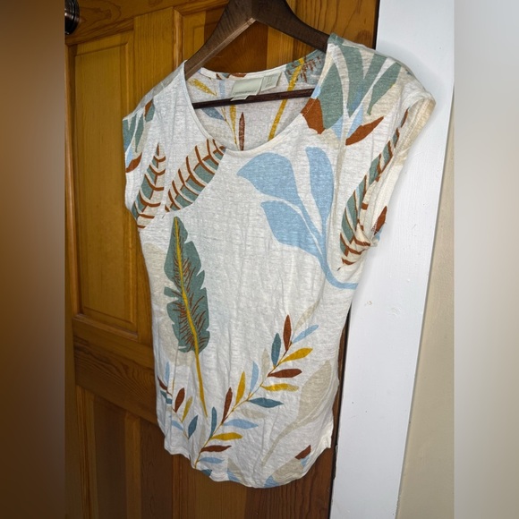 Cynthia Rowley Leaf Print Short Sleeve Top - Cream, Blue, Green, Brown - Picture 3 of 5